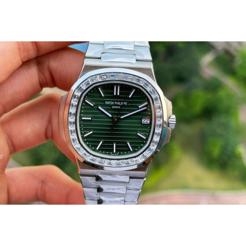 Patek Philippe Nautilus 5711/1A 3KF 1:1 Best Edition Diamonds Bezel Green Textured Dial on SS Bracelet A324 Super Clone