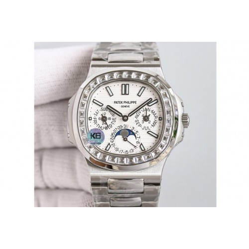 Patek Philippe Nautilus 5740 SS GRF Best Edition White/Gray Dial Diamonds Bezel on SS Bracelet A240