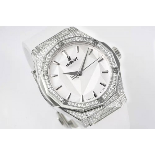 Hublot Classic Fusion Orlinski SS Full Diamonds APSF 1:1 Best Edtion White Faceted Dial on White Rubber Strap A2892 Hublot Classic Fusion Orlinski SS Full Diamonds APSF 1:1 Best Edtion White Faceted Dial on White Rubber Strap A2892