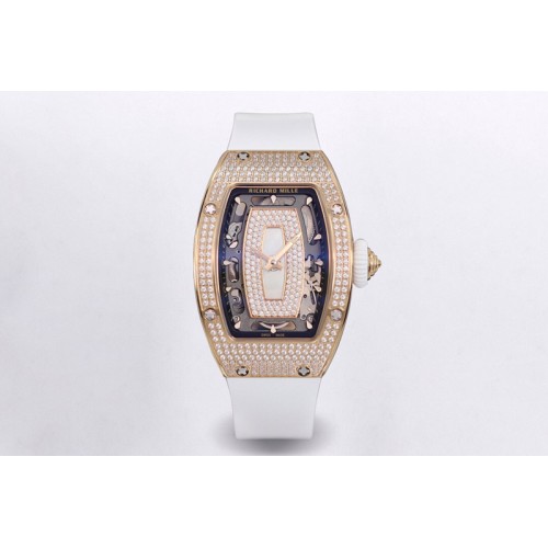 Richard Mille RM07 Ladies Full Diamonds RG ZF 1:1 Best Edition White MOP Dial on White Rubber Strap CRMA2 Clone