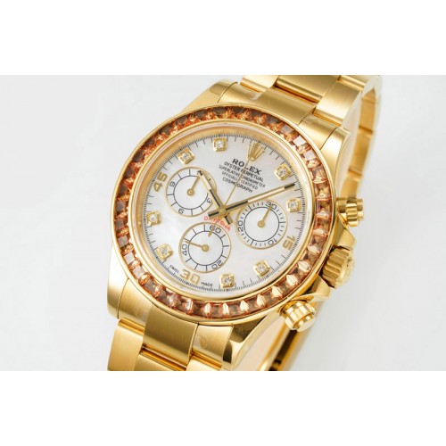 Rolex Daytona Cosmograph Yellow T Crystals Bezel YG PPMF Best Mop White Dial On SS Bracelet A4801