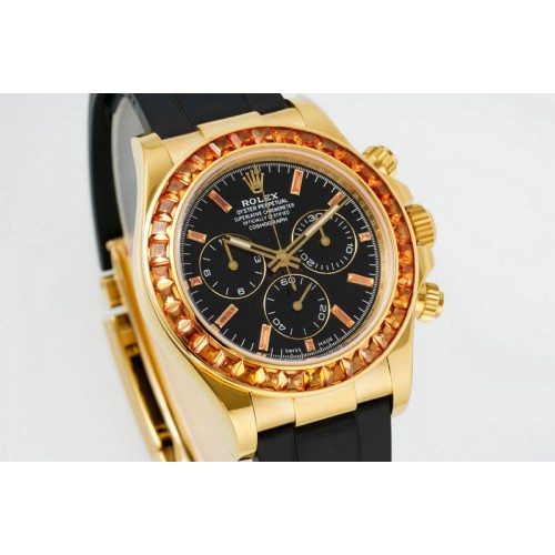 Rolex Daytona Cosmograph Yellow T Crystals Bezel YG PPMF Best Black Dial On Black Rubber Band A4801