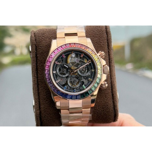 Rolex Daytona Cosmograph Rainbow T Crystals Bezel RG PPMF Best Skeleton Dial On RG Bracelet A4801