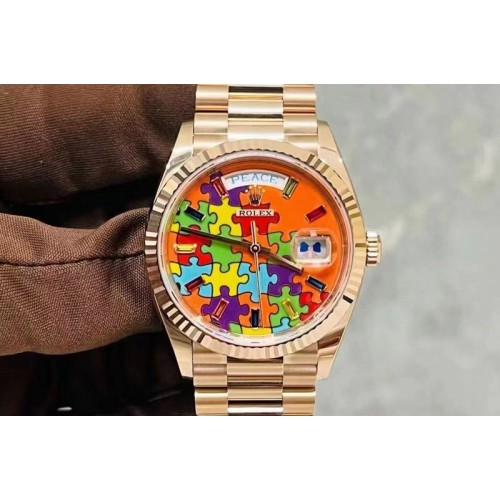 Rolex Daydate 128235 36mm Colour Jigsaw Puzzle RG QHF Best Edition Orange Dial on RG President Bracelet A2834