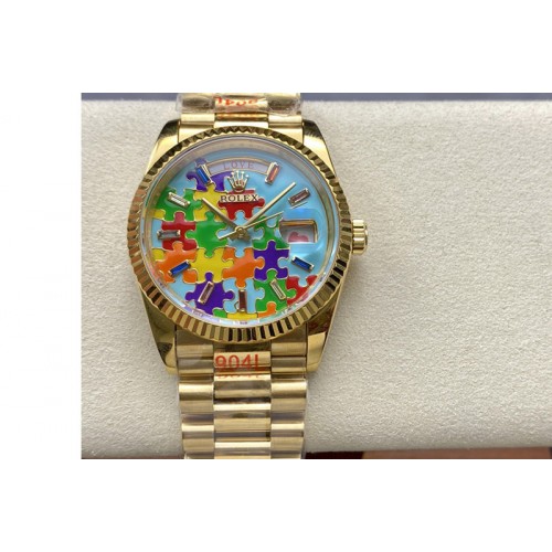 Rolex Daydate 128238 36mm Colour Jigsaw Puzzle YG QHF Best Edition Turquoise Blue Dial on YG President Bracelet A2834 Rolex Daydate 128238 36mm Colour Jigsaw Puzzle YG QHF Best Edition Turquoise Blue Dial on YG President Bracelet A2834