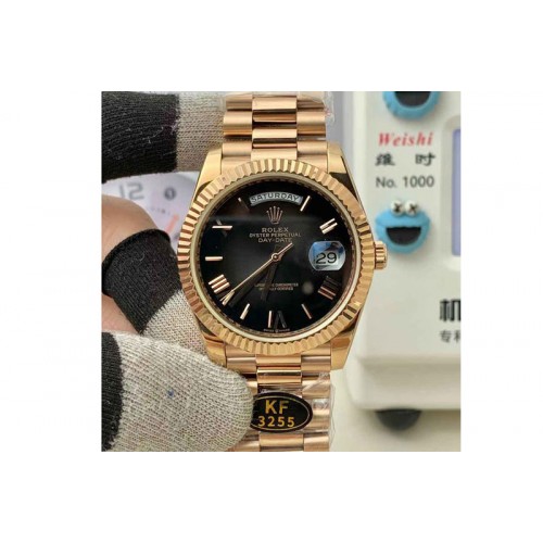 Rolex Day Date 228235 40mm RG KF 1:1 Best Edition Gray Ombre Dial Roman Markers On RG President Bracelet SA3255 (Gain Weight)