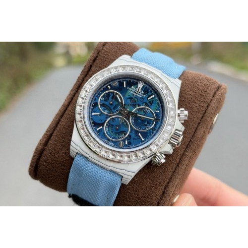 Rolex Daytona Cosmograph White Carbon PPMF Best Blue Skeleton Dial on White Nylon Strap A4801 Rolex Daytona Cosmograph White Carbon PPMF Best Blue Skeleton Dial on White Nylon Strap A4801