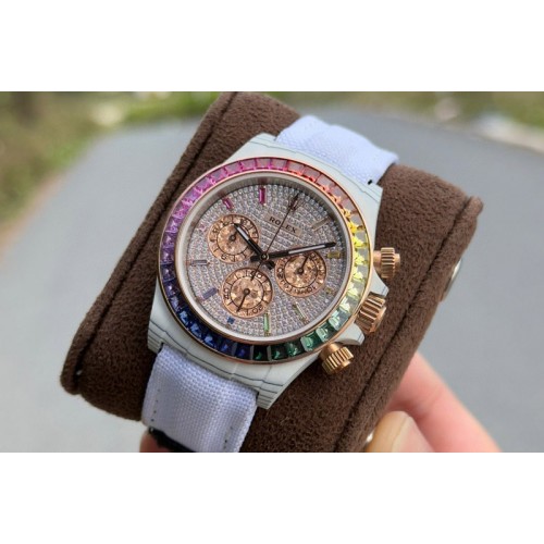 Rolex Daytona Cosmograph White Carbon PPMF Best Edition Full Diamond Dial White Nylon Strap A4801