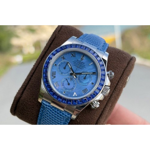 Rolex Daytona Cosmograph Blue T Crystals Bezel SS PPMF Best Blue MOP Dial On Blue Leather Strap A4801