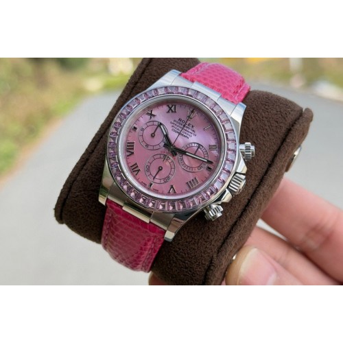Rolex Daytona Cosmograph Pink T Crystals Bezel SS PPMF Best Pink MOP Dial On Pink Leather Strap A4801