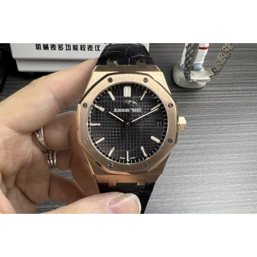 Audemars Piguet Royal Oak 41mm 15500 RG APSF 1:1 Best Edition Black Textured Dial on Black Leather Strap A4302 Super Clone