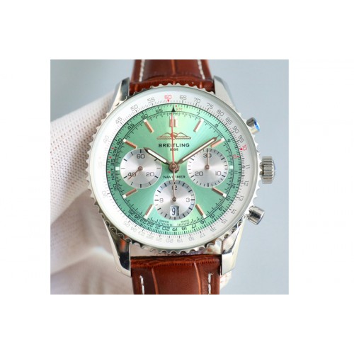 Breitling Navitimer B01 43mm SS B50 Best Edition Light Green Dial Silver Subdial On Black Leather Strap A7750