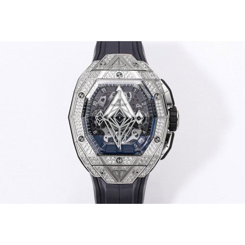 Hublot Spirit of Big Bang Sang Bleu SS Full Diamonds BLSF Edition Skeleton Dial on Black Rubber Strap A7750