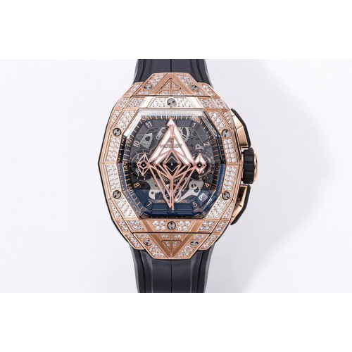 Hublot Spirit of Big Bang Sang Bleu RG Full Diamonds BLSF Edition Skeleton Dial on Black Rubber Strap A7750