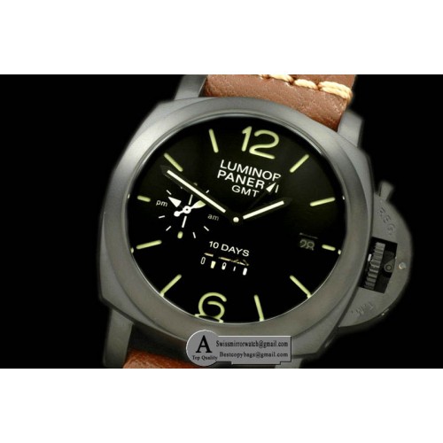 Panerai Pam 335 Luminor Marina 44mm 10 Days GMT PVD Leather Black Asian 23J Replica Watches