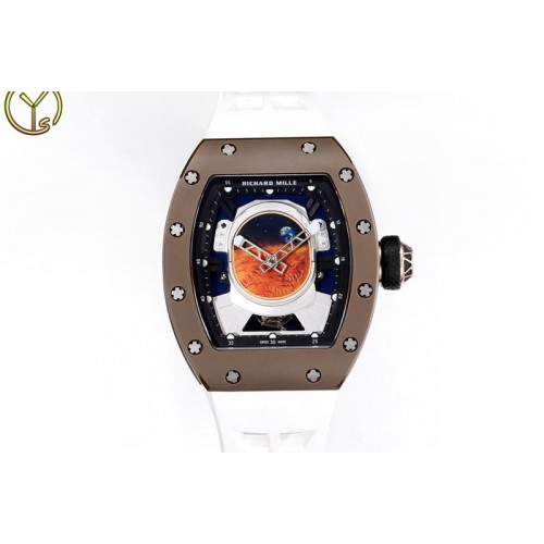 Richard Mille RM052-05 Brown Ceramic Bezel Carbon Case YSF Best Edition Skeleton Dial on White Rubber Strap Tourbillon Richard Mille RM052-05 Brown Ceramic Bezel Carbon Case YSF Best Edition Skeleton Dial on White Rubber Strap Tourbillon