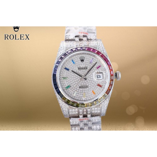 Rolex DateJust 41 SS Full Paved Diamonds 1:1 Best Edition Diamonds Dial Rainbow Diamond Bezel on Jubilee Bracelet Cal.3255