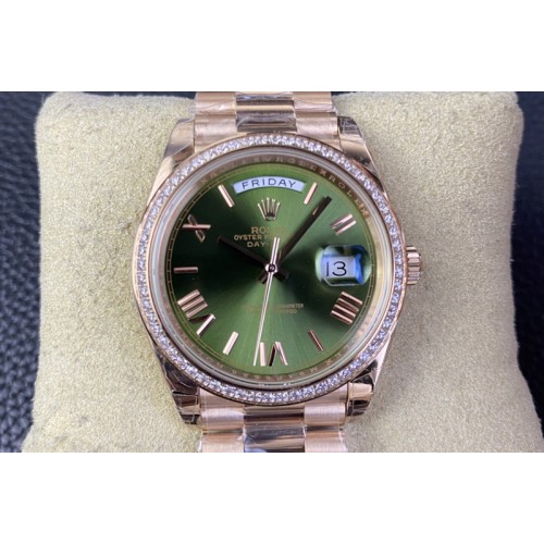 Rolex DayDate 40 RG GSF Gain Weight Green Roman Dial on President Bracelet A2836