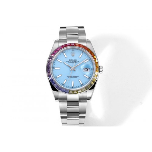Rolex DateJust 41 JVS 1:1 Best Edition 904L Rainbow Bezel Blue Dial on Jubilee Bracelet VR3235