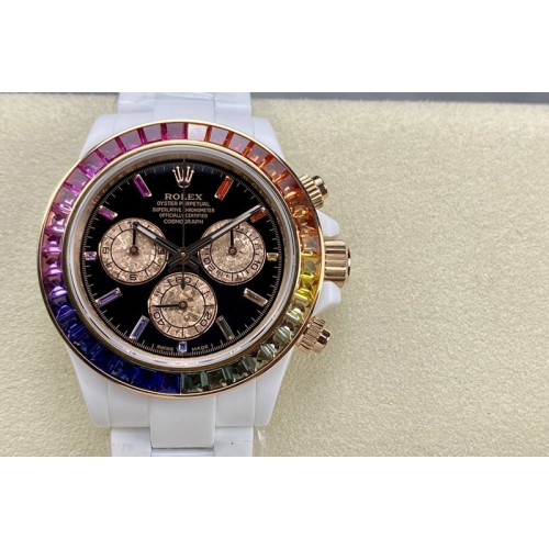 Rolex Daytona White Ceramic Case and Bracelet Black Rainbow Dial Rainbow Bezel Noob Best Edition SA4130