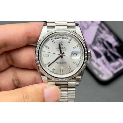 Rolex DayDate 40 SS GMF Gain Weight White Crystal Dial Diamonds Bezel on President Bracelet A2836