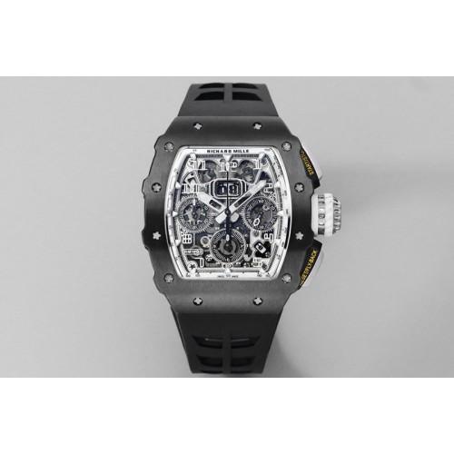 Richard Mille RM011 Titanium Case Black Ceramic Bezel Chronograph KUF Best Edition Skeleton Dial on Black Rubber Strap A7750