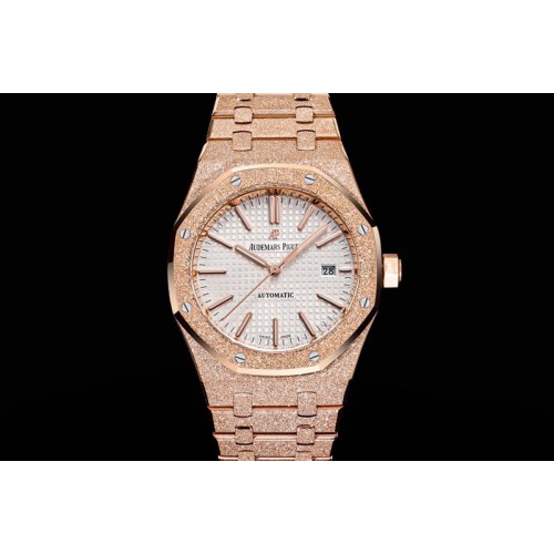 Audemars Piguet Royal Oak 37mm 15454 Frosted RG OMF 1:1 Best Edition White Textured Dial on Frosted SS Bracelet SA3120 Super Clo