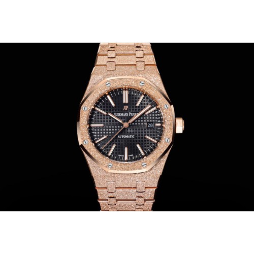 Audemars Piguet Royal Oak 37mm 15454 Frosted RG OMF 1:1 Best Edition Black Textured Dial on Frosted SS Bracelet SA3120 Super Clo