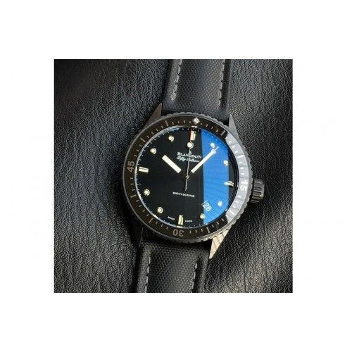 Blancpain Fifty Fathoms Bathyscaphe Black Ceramic GF 1:1 Best Edition Black Dial on Black Sail-Canvas Strap A1315