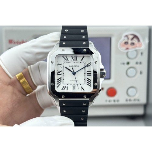 Santos de Cartier 40mm SS GF 1:1 Best Edition White Dial on Black Rubber Strap MIYOTA 9015