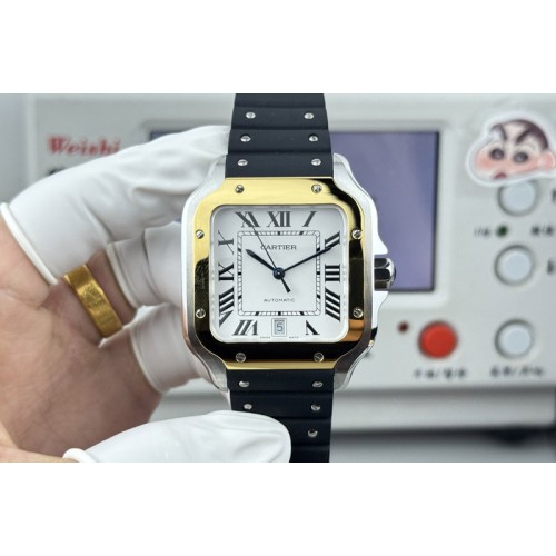 Santos de Cartier 40mm SS/YG GF 1:1 Best Edition White Dial on Black Rubber Strap MIYOTA 9015