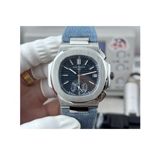 Patek Philippe Nautilus 5980 SS 3KF Best Edition Blue Dial on Denim Blue Leather Strap PP.CH28-520