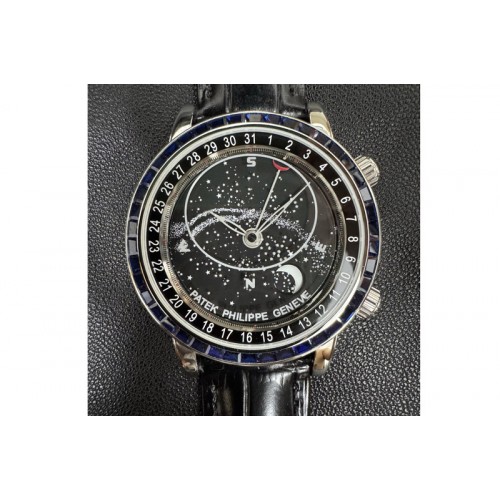 Patek Philippe Grand Complications 6102 SS 3KF Best Edition Black Diamonds Bezel Black Dial on Black Leather Strap A240