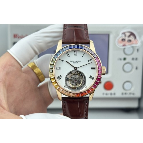 Patek Philippe Calatrava 42mm Tourbillion RG Dimaond Bezel White Dial on Leather Strap