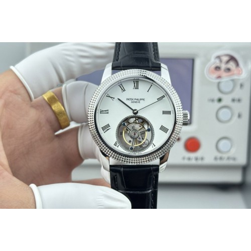 Patek Philippe Calatrava 42mm Tourbillion SS White Dial on Leather Strap