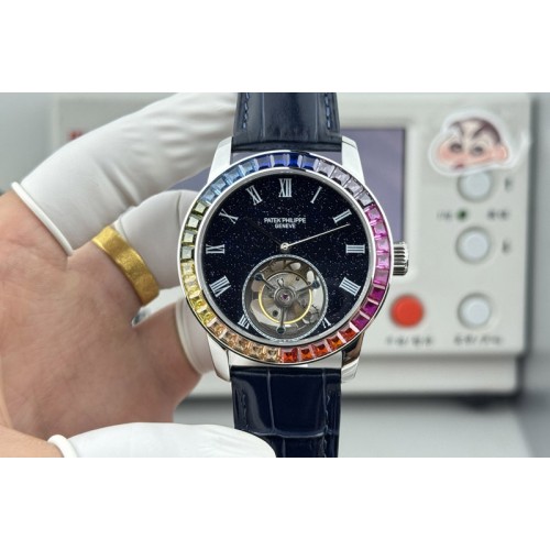 Patek Philippe Calatrava 42mm Tourbillion SS Dimaond Bezel Black Dial on Leather Strap