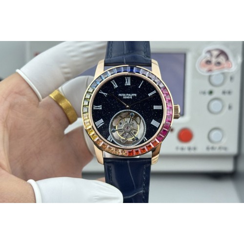 Patek Philippe Calatrava 42mm Tourbillion RG Dimaond Bezel Black Dial on Leather Strap