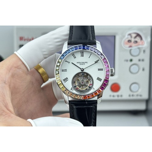 Patek Philippe Calatrava 42mm Tourbillion SS Dimaond Bezel White Dial on Leather Strap