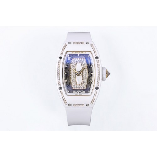 Richard Mille RM07 Ladies White Ceramic Diamonds Bezel ZF 1:1 Best Edition White Dial on White Rubber Strap CRMA2 Clone