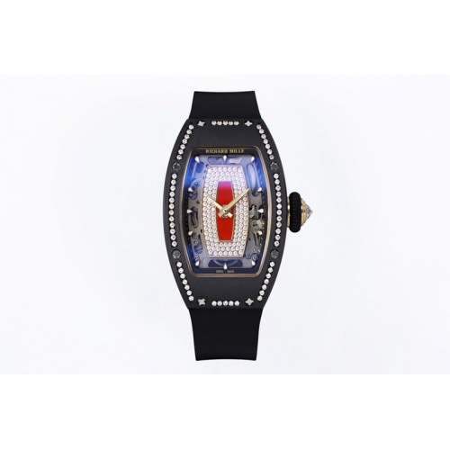 Richard Mille RM07 Ladies Black Ceramic Diamonds Bezel ZF 1:1 Best Edition Red Dial on Black Rubber Strap CRMA2 Clone