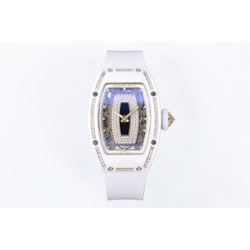 Richard Mille RM07 Ladies White Ceramic Diamonds Bezel ZF 1:1 Best Edition Black Dial on White Rubber Strap CRMA2 Clone