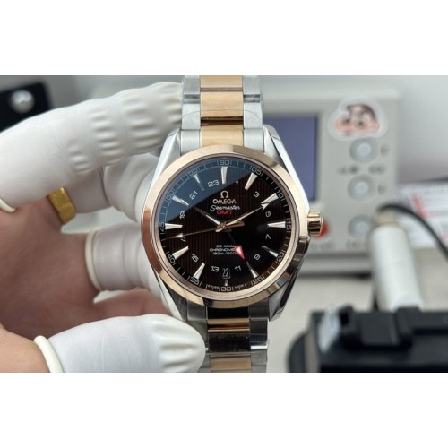 Omega Aqua Terra 150M GMT 43mm SS/RG OVS 1:1 Best Edition Black Textured Dial on SS Bracelet Cal.8605 Omega Aqua Terra 150M GMT 43mm SS/RG OVS 1:1 Best Edition Black Textured Dial on SS Bracelet Cal.8605