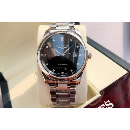Longines Master Day Date SS 1:1 Best Edition Black Textured Dial Diamond Marker on SS Bracelet SW200