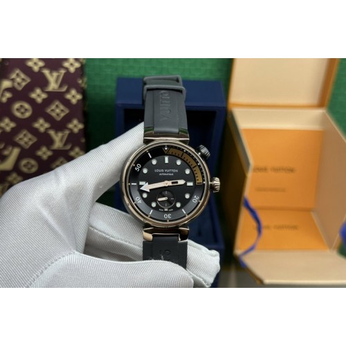 Louis Vuitton QA122Z LV Tambour Street Diver PVD Watch Black Dial on Black Rubber Band Automatic movement