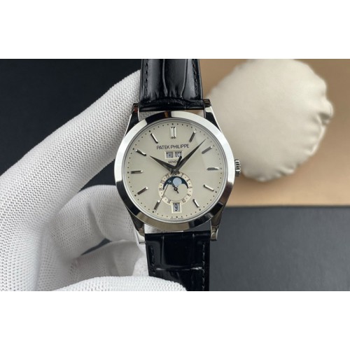 Patek Philippe Annual Calendar Moonphase 5396 SS ZF 1:1 Best Edition White Dial on Black Leather Strap A324