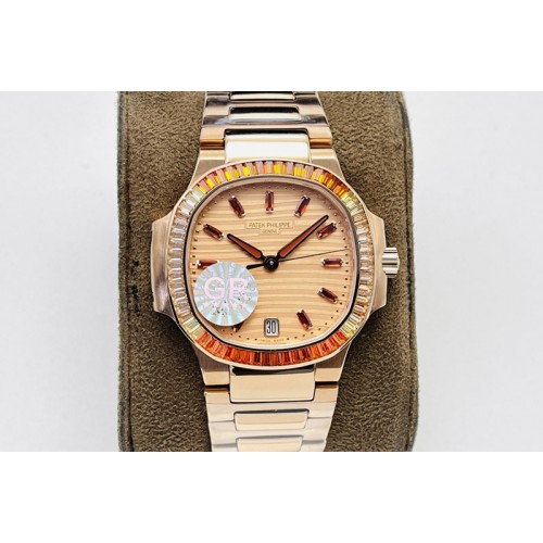 Patek Philippe Nautilus 7118 Ladies RG GRF 1:1 Best Edition Gold Dial Diamonds Bezel on RG Bracelet A324 Super Clone